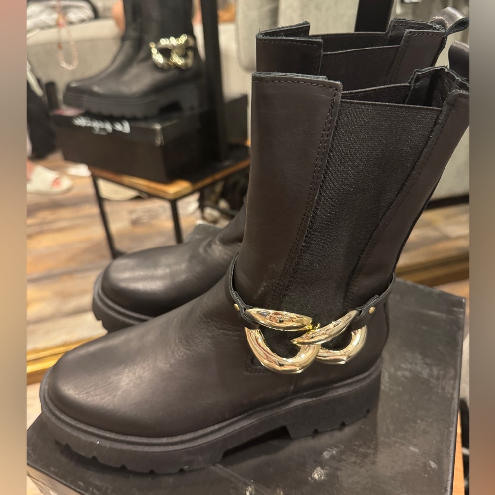 Le Pepite (Produced in Italy) Black Moto Boots with Bold “Removable” Gold Accent - Picture 1 of 8